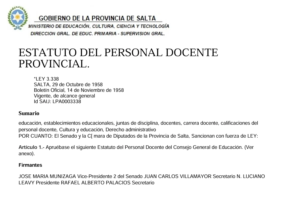 ESTATUTO DEL PERSONAL DOCENTE DE SALTA