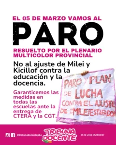 Vamos con todo al PARO del 05/03 impulsado por las seccionales y el plenario provincial Multicolor